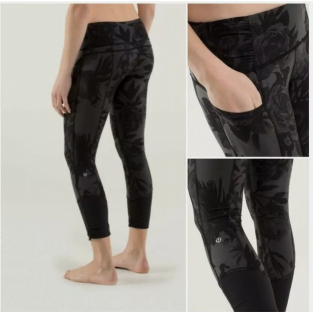 LULULEMON Practice Daily Crop Leggings in Brisk Bloom Black Soot Floral Print 10